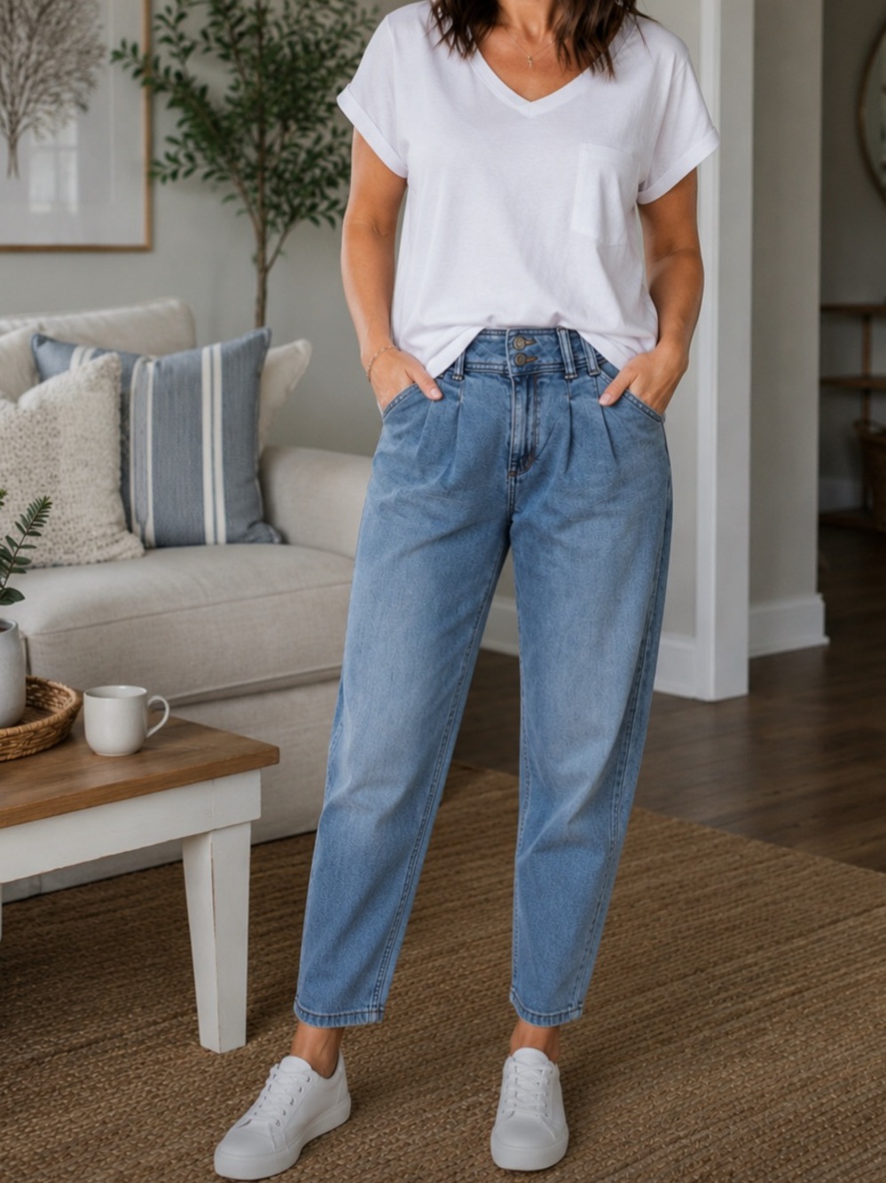 Sonoma Women’s Washed Light Blue Relaxed Pleat-Front Denim Mom Jeans Retro/90s